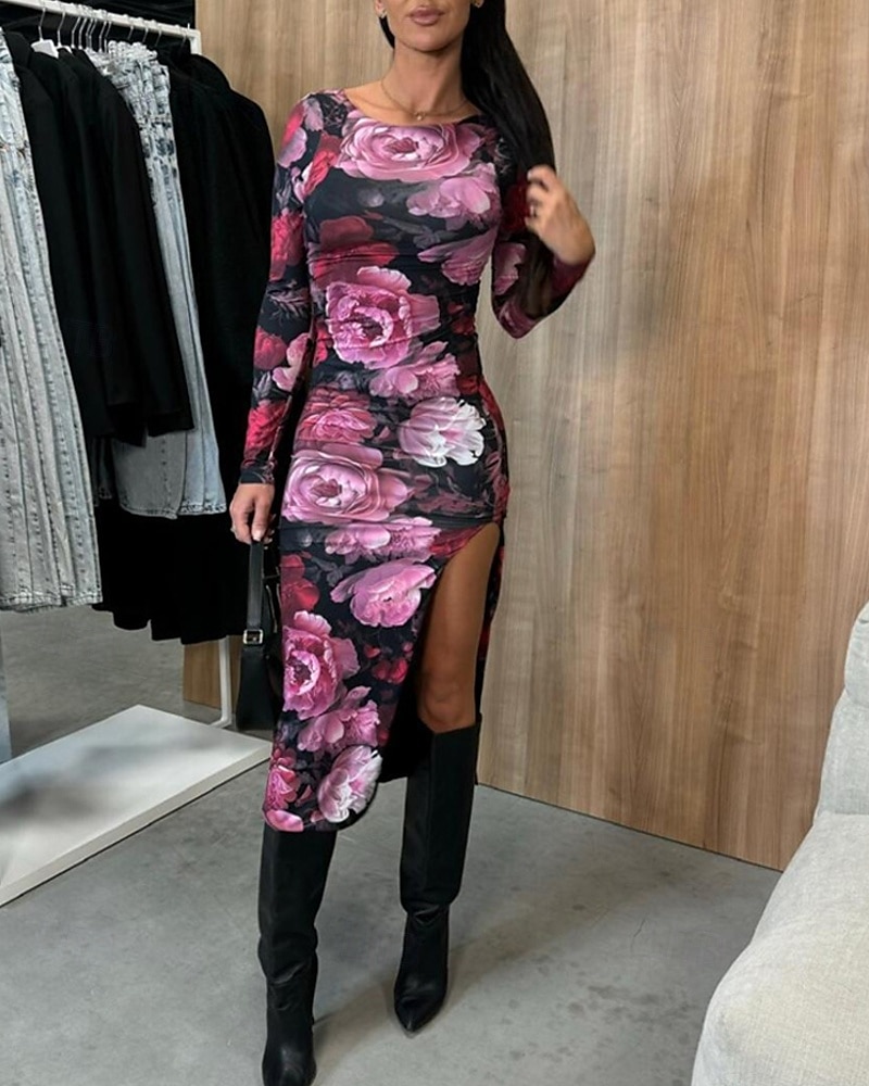 Damen Midikleid Blumenkleid Sommerkleid Mode Modern Täglich Date Wochenende Normale Passform Blume Langarm Rundhalsausschnitt Schwarz Weiß Rose Sommer 2025 - $25.99 –P3