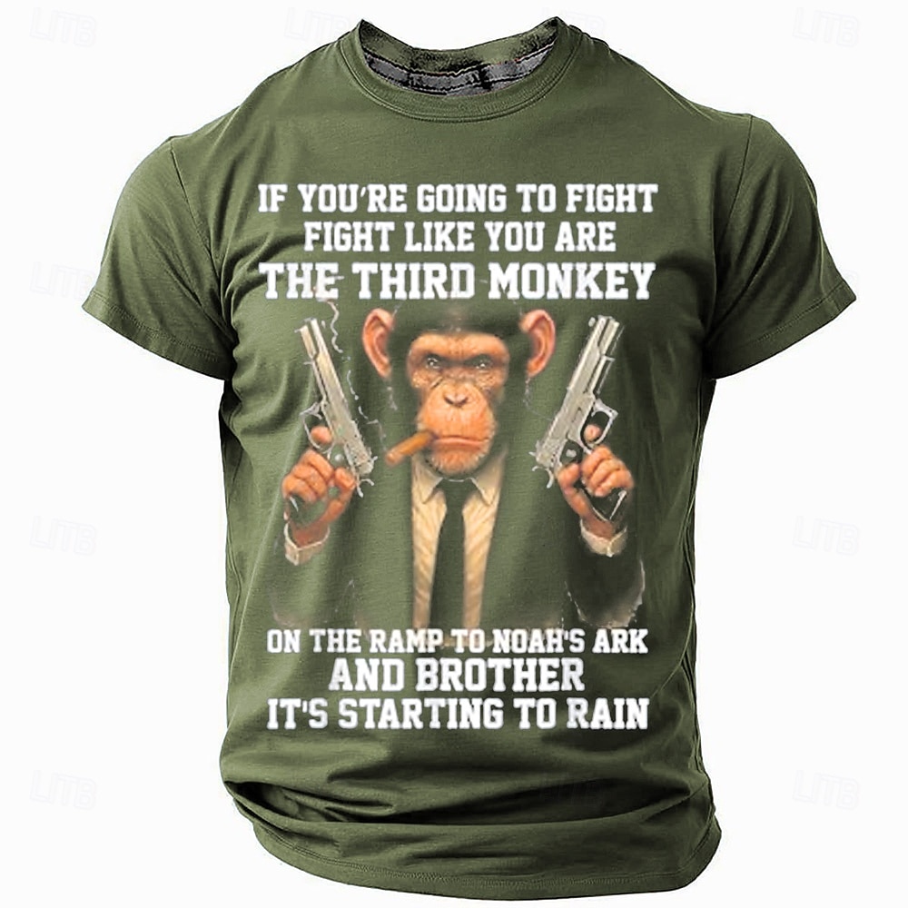2025年 メンズショートスリーブグラフィックTシャツ 'ノアの方舟の三番目の猿のように戦え' ユーモラスライフスタイル  コレクション – $17.99 –P1