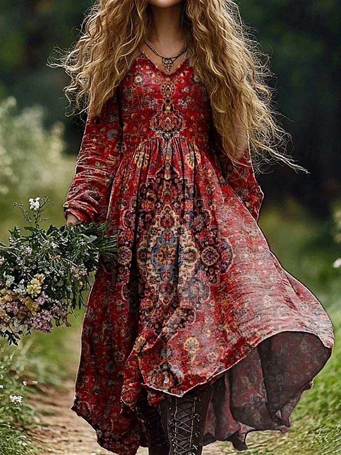 Damskie Sukienka maxi Sukienka letnia Plisowana sukienka Urlop Codzienny Boho Wyjściowe Plaża Luźny / a Graficzny W Tureckie Wzory Długi rękaw W serek Głęboka zieleń Czarny Czerwony Niebieski Lato 2025 - $35.99 –P1