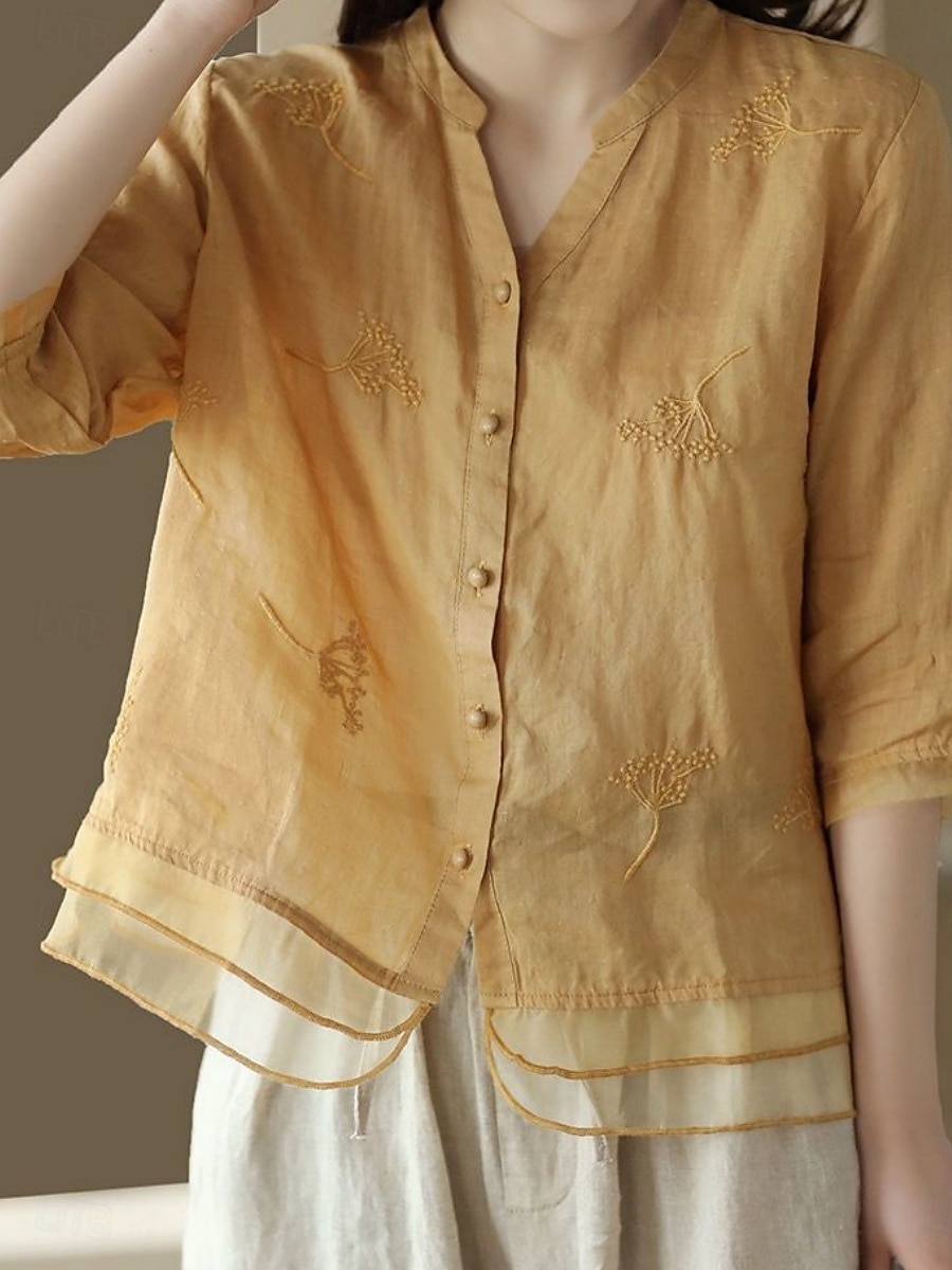 Women's Shirt Solid Color Basic Casual 3/4 Length Sleeve Shirt Collar Regular Tops Daily Mesh Patchwork Buttons White Yellow Pink Purple Summer 2025 - $22.99 –P7