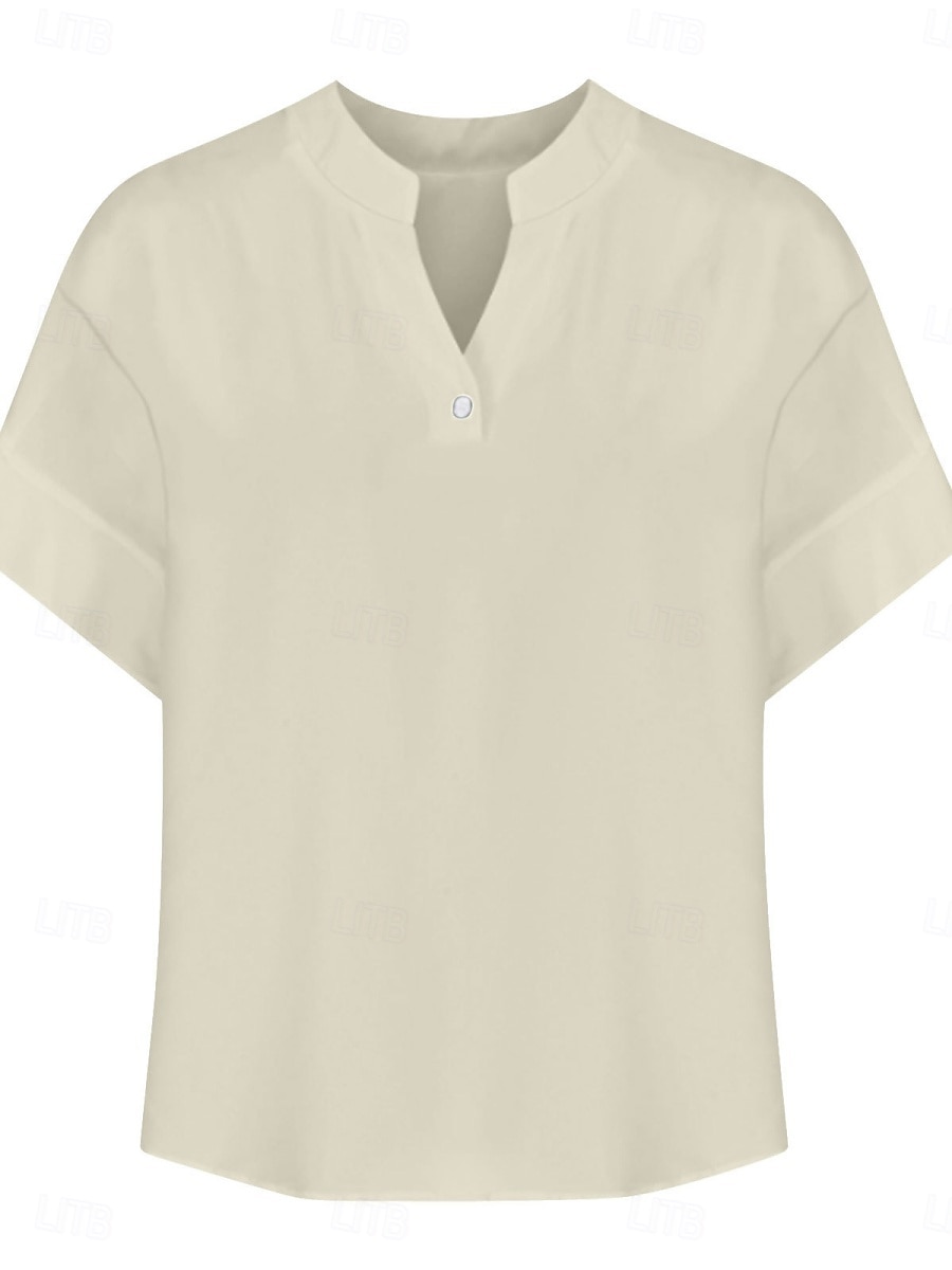 Dames Blouse Effen Basic Casual Korte mouw Gekerfde nek Normale tops Dagelijks Knop Zak Rood blauw Paars Beige Zomer Lente 2025 - $19.99 –P10
