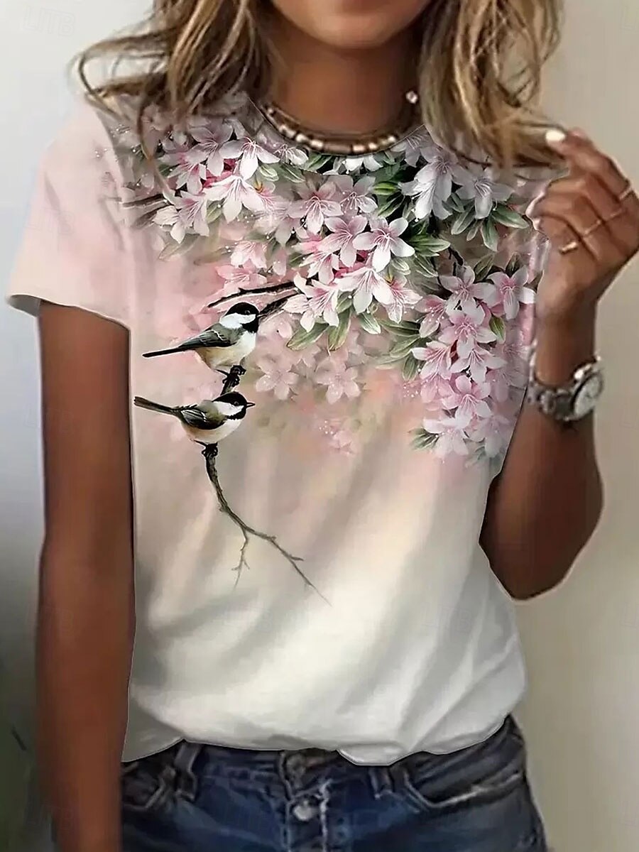 Femmes T-shirt Fleuri Graphique Oiseau ancien Élégant Classique Manche Courte Col ras du cou Hauts Réguliers Quotidien Week-end Imprimé Rose Claire Vert Été Printemps de 2025 ? $19.99 –P1