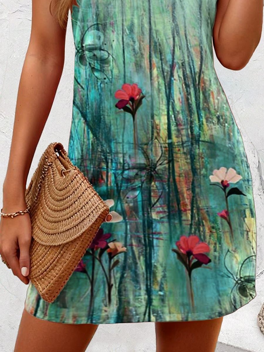 Damen Minikleid Freizeitkleid Sommerkleid A Linie Kleid Schulterfreies Kleid Urlaub Lässig Boho Party Ferien Normale Passform Ombre Blumen Grafik Ärmellos U-Ausschnitt Salbeigrün Sommer 2025 - $21.99 –P3