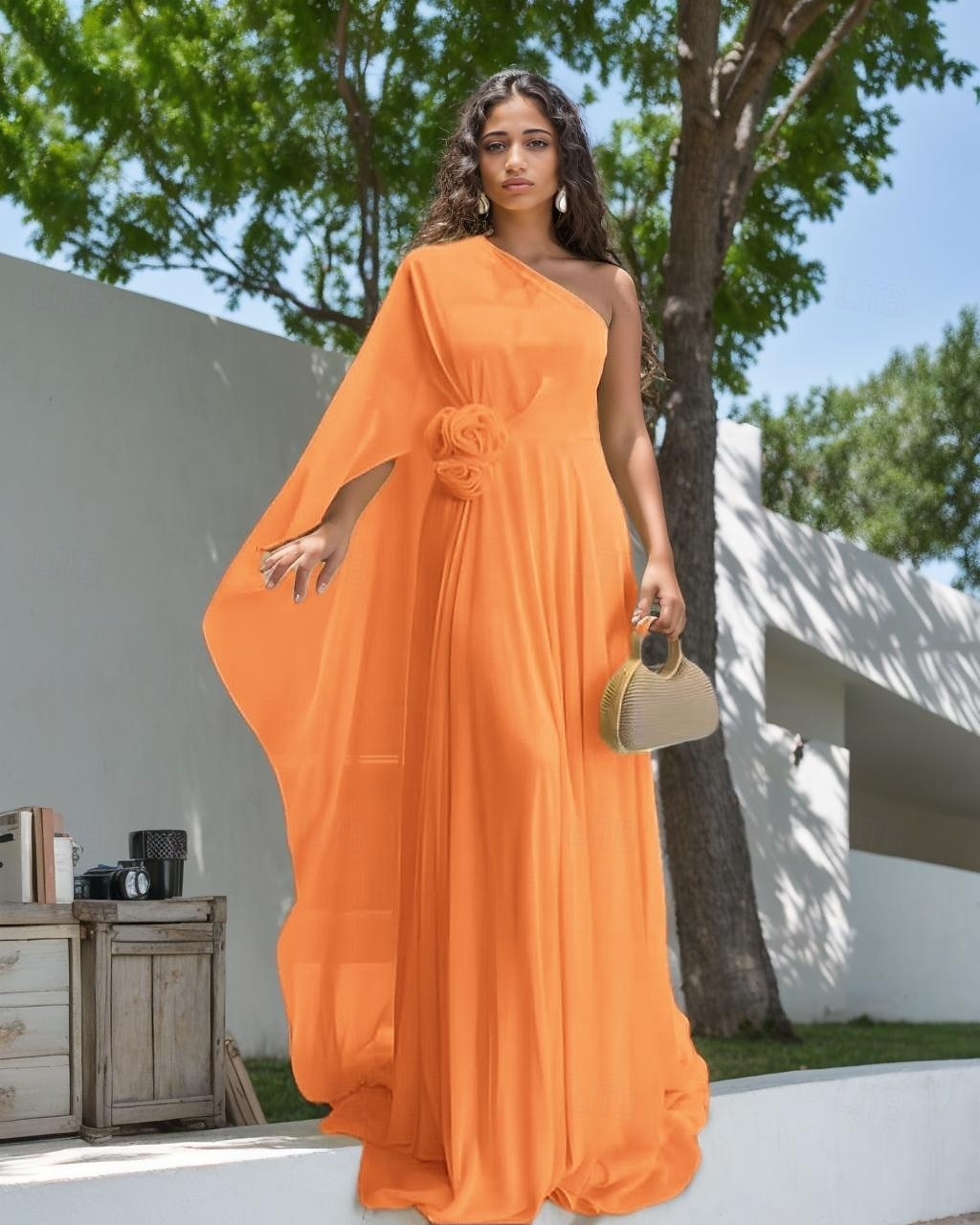 Robes de mariée Sirène  Trompette Une épaule Sans manches Longueur de sol en mousseline de soie Robes de mariée avec fleurs de 2025 ? $182.99 –P4