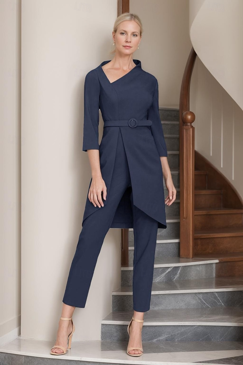 Two Piece Mother of the Bride Pantsuit Simple Minimalist Casual V Neck Ankle Length Crepe 3/4 Length Sleeve with Sash / Ribbon 2025 - $159.99 –P1