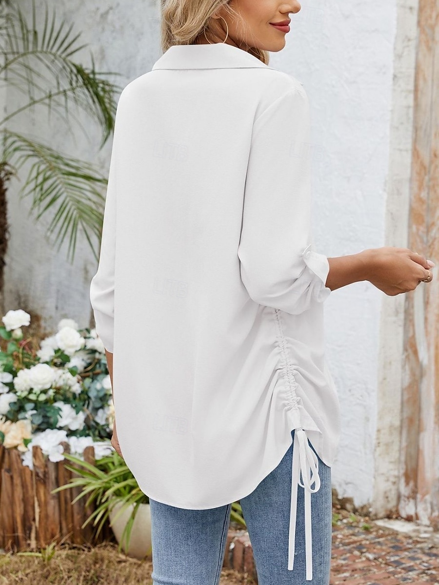 Dames Overhemd Blouse Effen Kleur Stijlvol Casual Lange mouw Overhemdkraag Normale tops Dagelijks Knop Zwart Wit Hemelsblauw Fuchsia Zomer Lente 2025 - $22.99 –P2