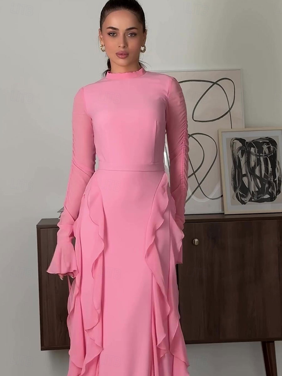 A-Lijn Roze Elegante Jurk Bruiloft Bruiloft Gast Vloerlengte Lange Mouw Hoge Hals Chiffon Met Ruffles 2025 - $89.99 –P3