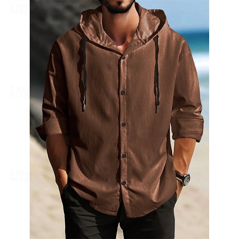 Men's Shirt Summer Shirt Casual Shirt Beach Shirt Button Up Shirt Black White Dark Navy Brown khaki Long Sleeve Plain Hooded Holiday Casual Daily Button-Down Clothing Apparel Polyester Fashion Casual 2025 - $27.99 –P7