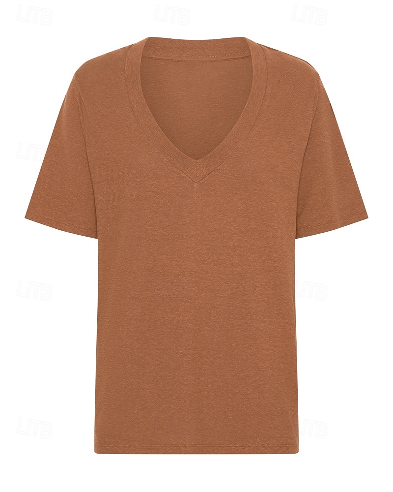 Women's Linen Shirt Blouse Plain Casual Short Sleeve V Neck Regular Tops Holiday Going out White Brown Summer 2025 - $31.99 –P6