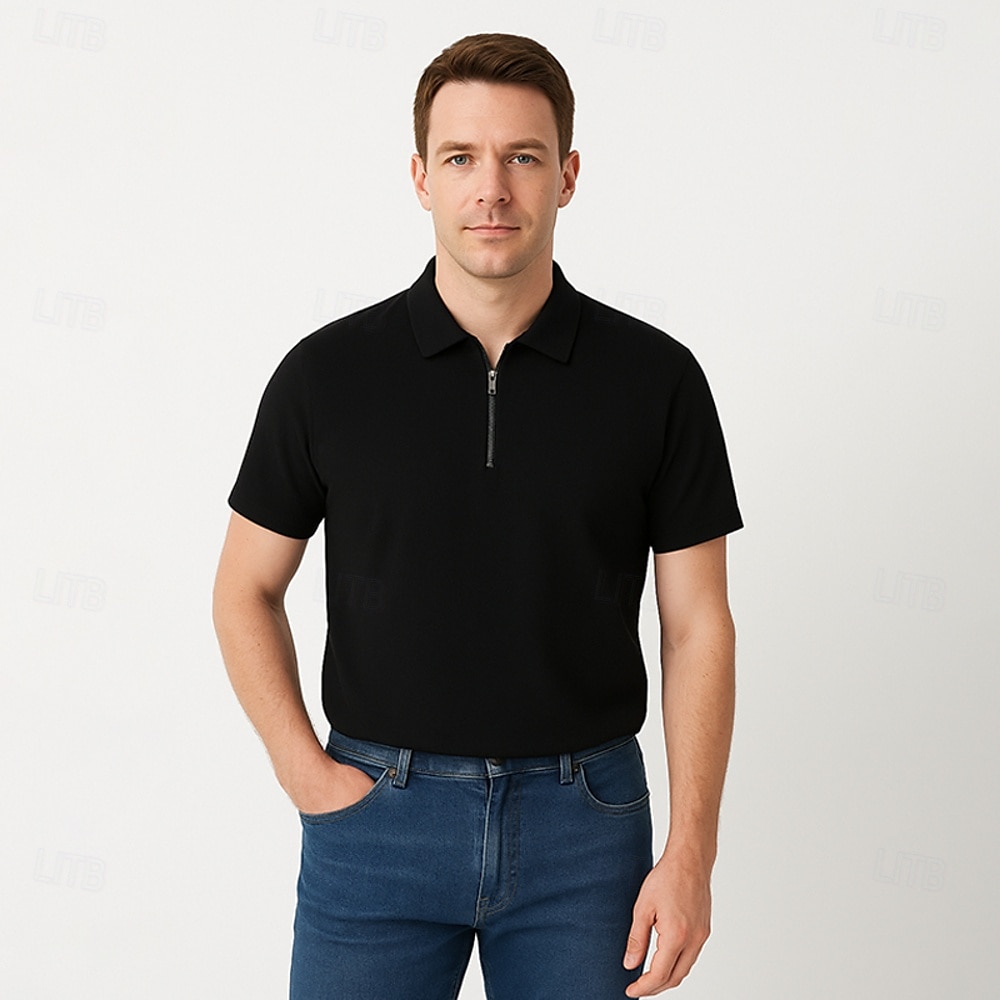 Men's Silk Linen Cotton Business Casual Half Zip Short Sleeve Basic Formal Solid Color Zipper Summer Black Dark Navy Sky Blue Dark Green Gray 2025 - $49.99 –P16