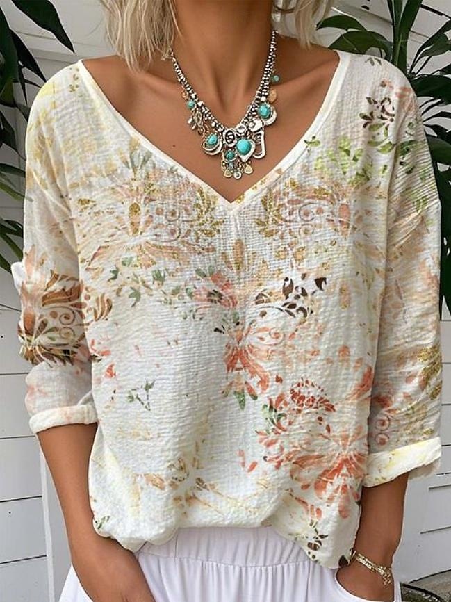 Dame Bluse Blomstret Grafisk Årgang Tropisk Stilfull 3/4 ermer V-hals Vanlige topper Hvit Gul Rosa Blå Grønn Sommer Vår 2025 - $24.99 –P7
