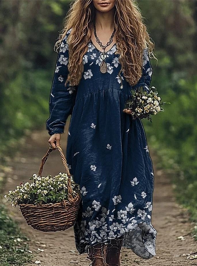 Dames Maxi-jurk Zonnejurk Geplooide jurk Vakantie Casual Boho Uitgaan Strand Ruim Passend Bloemig Grafisch Lange mouw V-hals blauw Licht Blauw-Wit Amethist Zomer Lente 2025 - $35.99 –P2