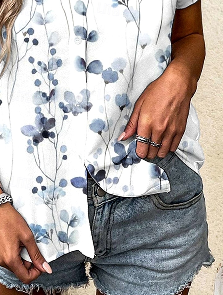 Women's Shirt Floral Graphic Vintage Tropical Daily Short Sleeve Cap Sleeve Shirt Collar Long Tops Daily Light Blue Summer Spring 2025 - $25.99 –P3