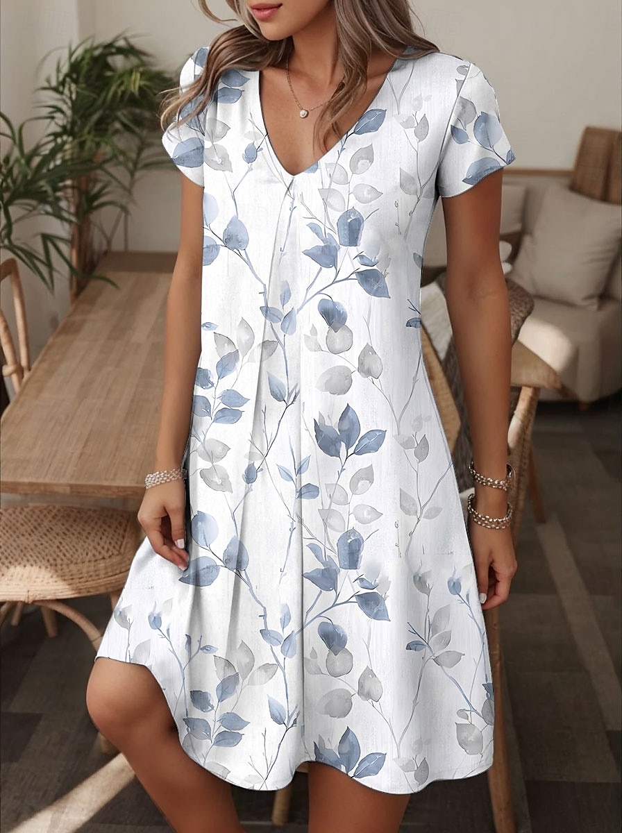 Pentru femei Rochie Mini Rochii Tricou Casual În aer liber Ieșire Fit regulat Grafic Frunză Manșon scurt În V Alb Vară 2025 - $23.99 –P1
