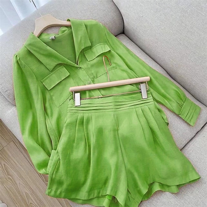 Femmes Mode Streetwear Ensembles en coton et lin Ensembles deux pièces Ensembles de Shorts manche longue Col de chemise Uni Tenue quotidienne Date Bleu Violet Vert Été Coupe régulière de 2025 ? $36.99 –P3