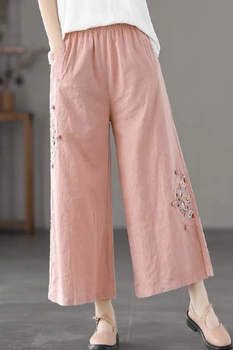 Per donna Pantaloni in cotone e lino Moda Streetwear Lunghezza intera Naturale Floreale Ricamato Tasca Elastico in vita Comodo All'aperto Confortevole All'aperto Vacanza Ferie Aalbicocca Blu cielo del 2025 a $22.99 –P5