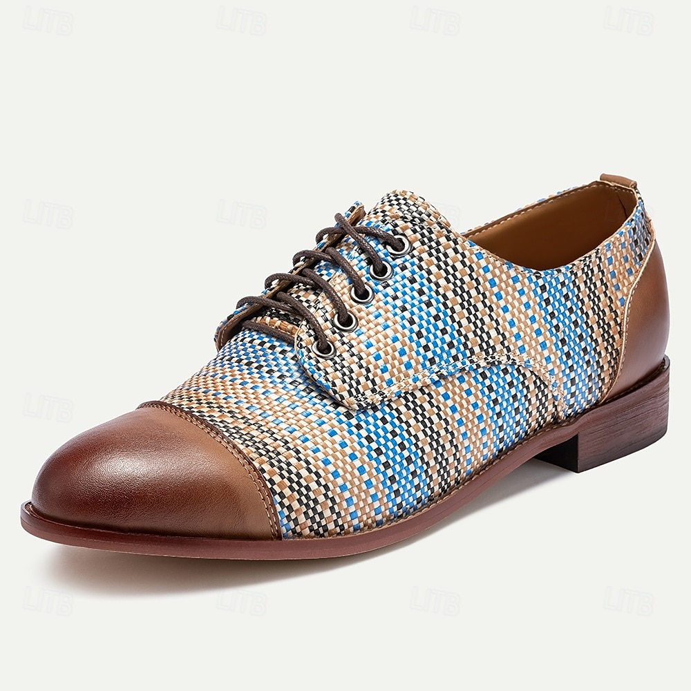Men's Blue and Tan Woven Oxford Shoes – Retro Lace-Up Casual Shoes for Creative Professionals and Everyday Style 2025 - $46.99 –P3