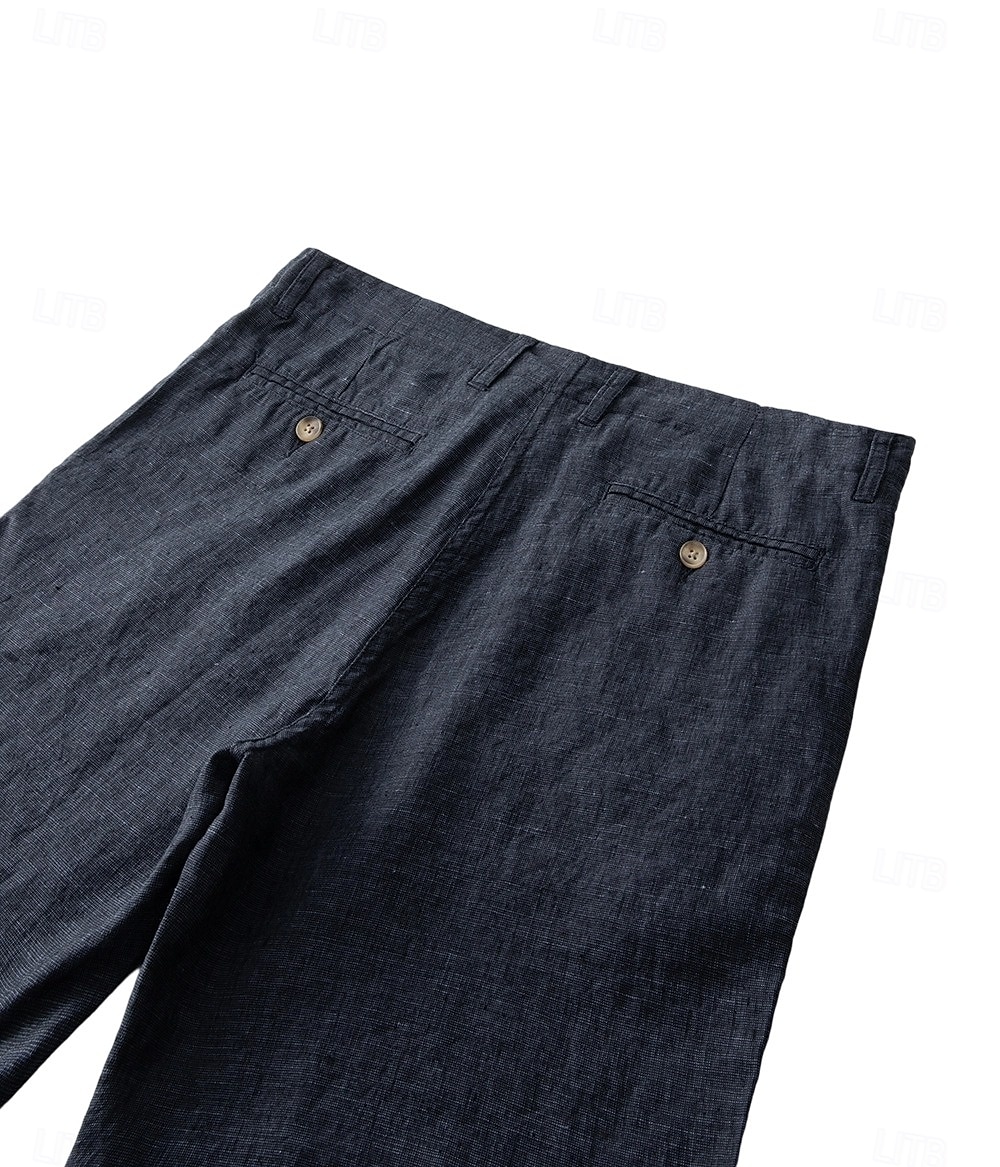Shorts masculino 100% linho liso na altura do joelho, para escritório, uso diário, férias, estilo étnico, azul escuro, inelástico de 2025 por $44.99 –P5