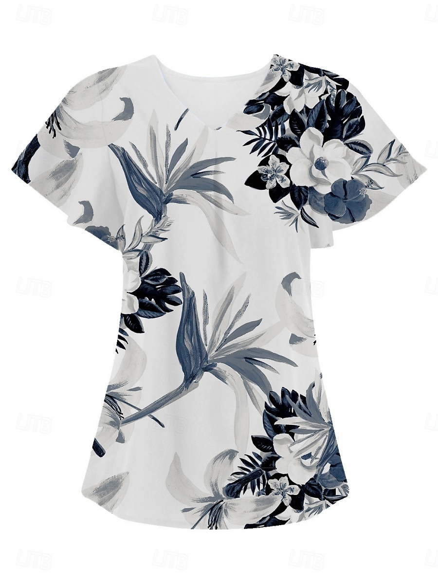 Blouses d'été pour femmes tops floraux stylés décontractés manches courtes col en V tops réguliers quotidien imprimé blanc bleu gris bleu clair été printemps de 2025 ? $15.99 –P8