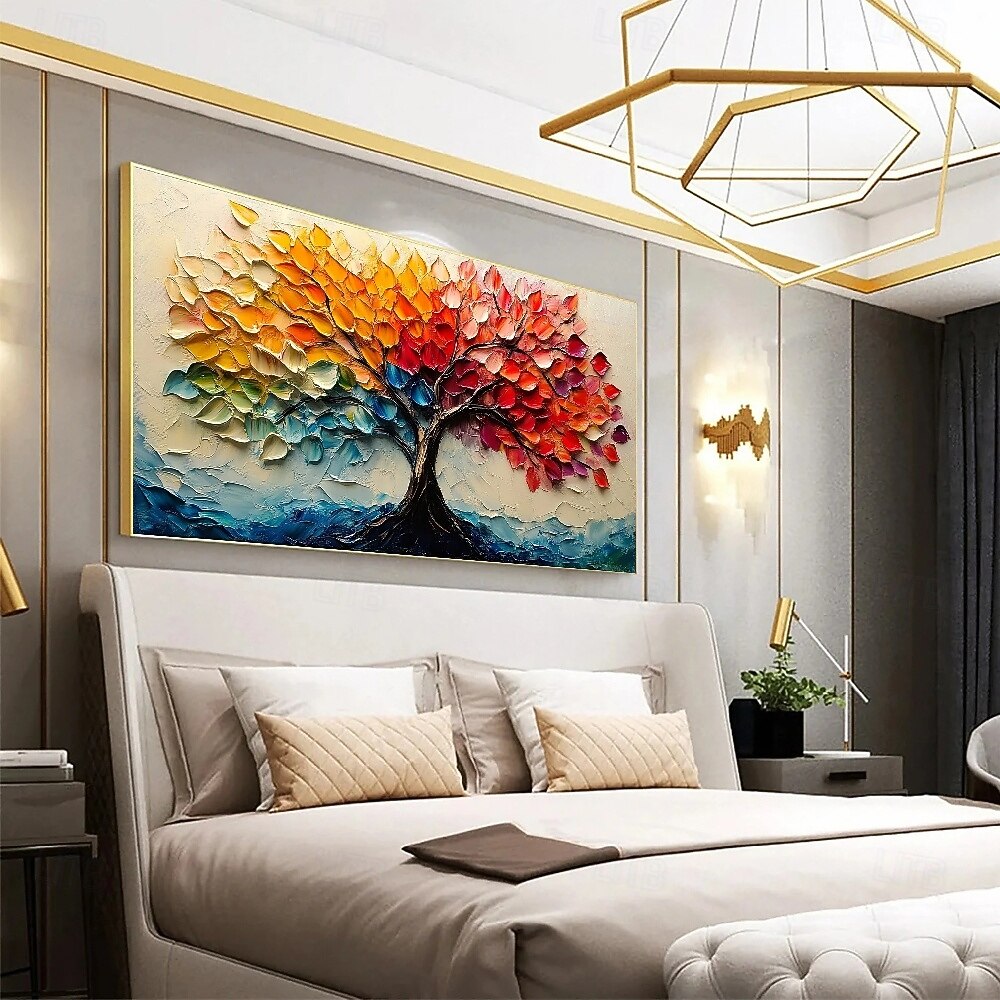 Peintures à l'huile peintes à la main, paysage de montagne, peinture à l'huile sur toile, arbres texturés faits à la main en automne, prairie jaune, peinture acrylique, paysage fluvial, art mural de 2025 ? $82.99 –P3