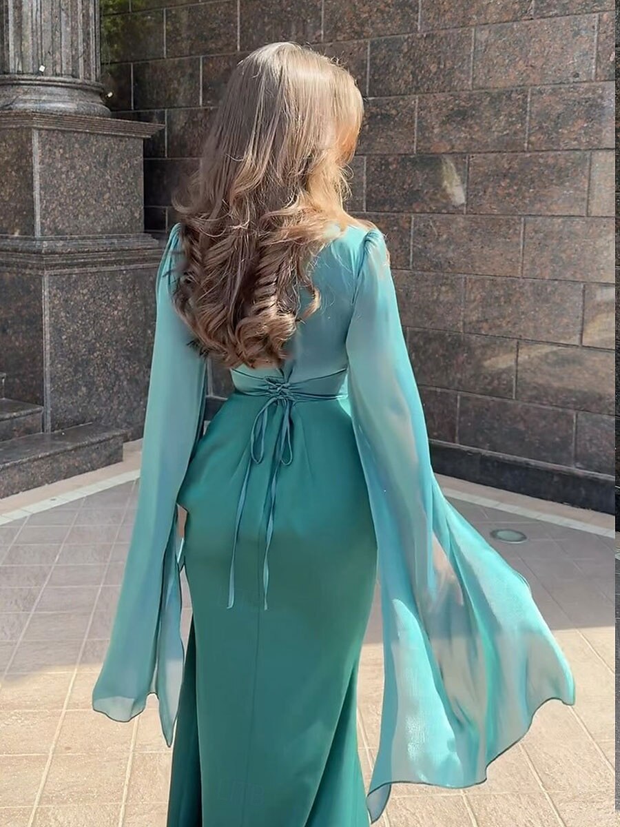 Sellő Trumpet Quinceanera Ruhák Elegáns Ruha Formális Esküvő Padló Hosszú Ujjú Crew Nyak Bársonyos Ráncokkal 2025 - $79.99 –P14
