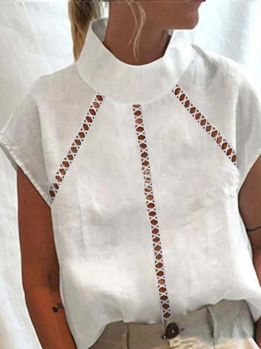 Wnętrz kobiece bawełniane len/leniakuyente jednolity kolor bohemia codzienne stylowe długie rękawki kołnierz regularne felszok codzienne wakacyjne wyjściowe patchwork biały lato tavasz 2025 - $23.99 –P1