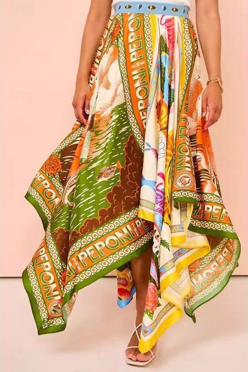Damen Rock Lässig Boho Maxi Mittlere Hüfthöhe Röcke Blumen Druck Asymmetrischer Saum Mikroelastisch Straße Ausgehen Grün Sommer Polyester 2025 - $22.99 –P2