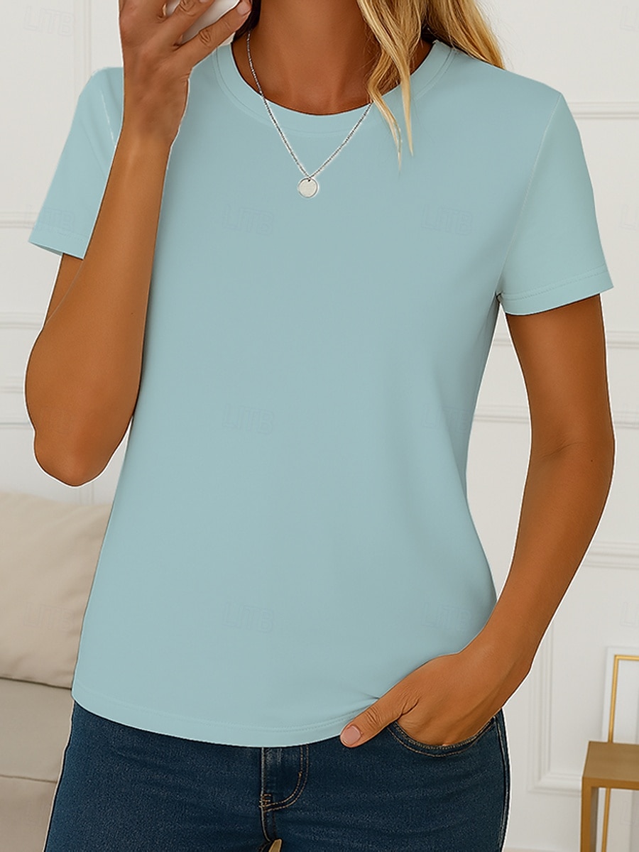 2025年 女性用 Tシャツ 純色 ヴィンテージ スタイリッシュ ベーシック 半袖 クルーネック ラウンドネック レギュラートップス 日常 プリント ホワイト ライトグリーン グレー ライトブルー 夏 春 コレクション – $19.99 –P1