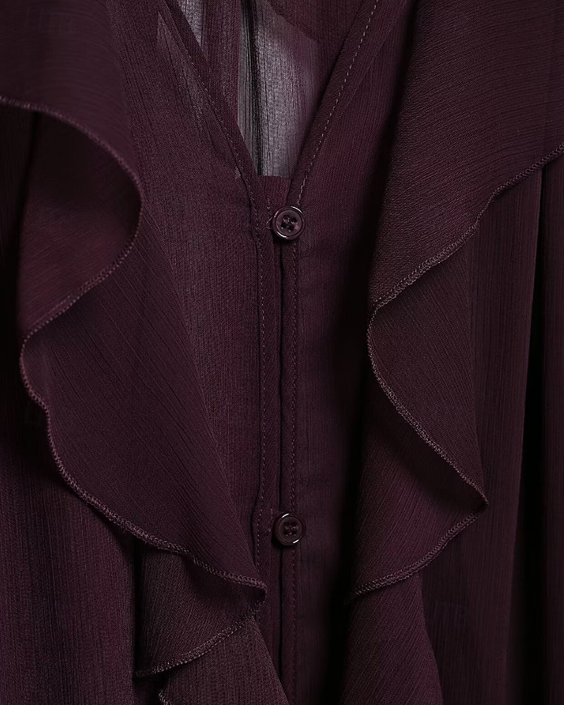 Femmes Chemise Chemisier Uni Élégant Moderne manche longue Col en V Hauts Réguliers Fête Sortir Superposé Vin Été de 2025 ? $34.99 –P15