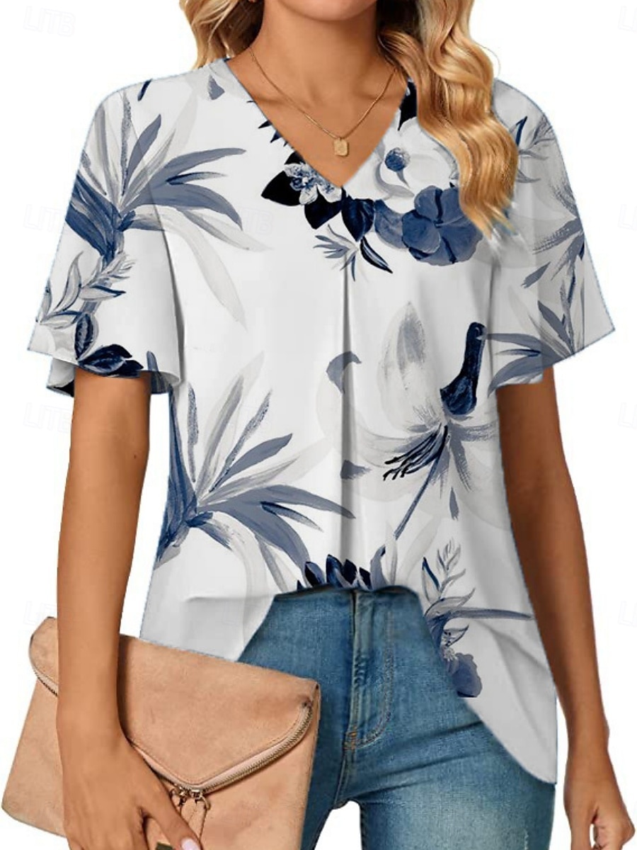 Blouses d'été pour femmes tops floraux stylés décontractés manches courtes col en V tops réguliers quotidien imprimé blanc bleu gris bleu clair été printemps de 2025 ? $15.99 –P7