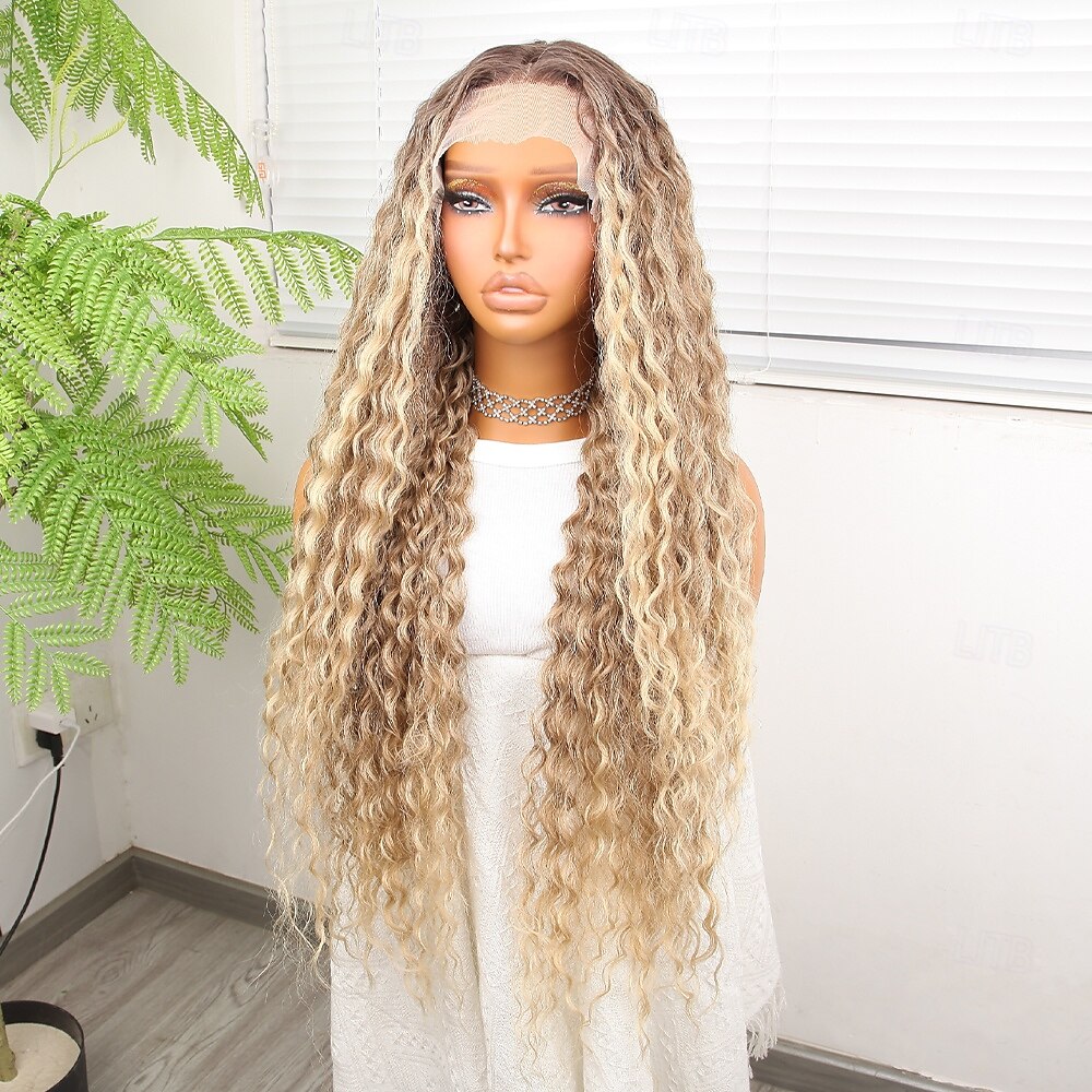Synthetic Lace Wig Deep Curly Style 32 inch Multi-color Middle Part 13x4x1 T Part Lace Front Wig Women's Wig Light golden 2025 - $74.99 –P4