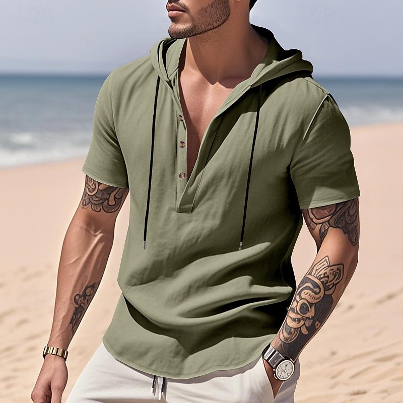Herren Hemd Leinenhemd Popover-Hemd Freizeithemd Baumwollhemd Einfach Urlaub Straße Schwarz Weiß Gelb Marineblau Kurzarm Mit Kapuze Sommer Bekleidung Button-Down 2025 - $23.99 –P15