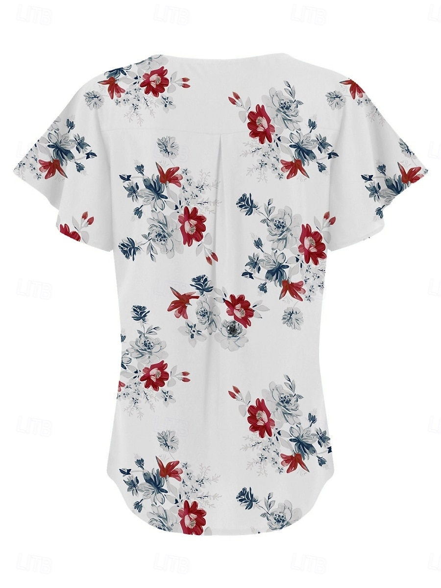 Blouses d'été pour femmes tops floraux stylés décontractés manches courtes col en V tops réguliers quotidien imprimé blanc bleu gris bleu clair été printemps de 2025 ? $15.99 –P3