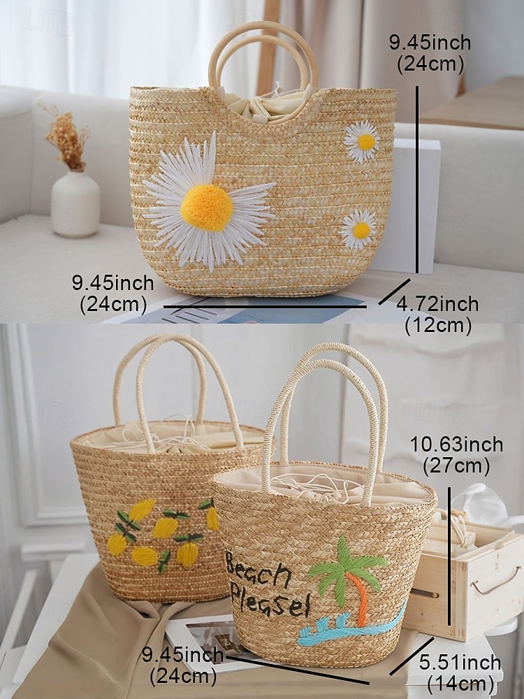 Women's Daisy Embroidered Straw Tote Bag - Summer Beach Tote Bag with Floral, Coconut Tree, Lemon Pattern, Casual Bohemian Style, Suitable for Vacation and Daily Use 2026 - $29.99 –P6