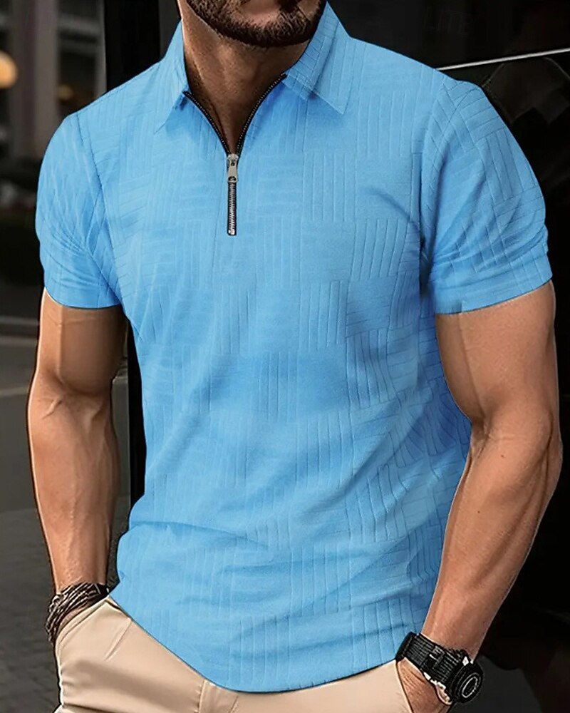 Men's Quarter Zip Polo Golf Shirt Daily Holiday Lapel Short Sleeve Fashion Basic Plain Jacquard Summer Regular Fit Black White Sky Blue Khaki Quarter Zip Polo 2025 - $20.99 –P1