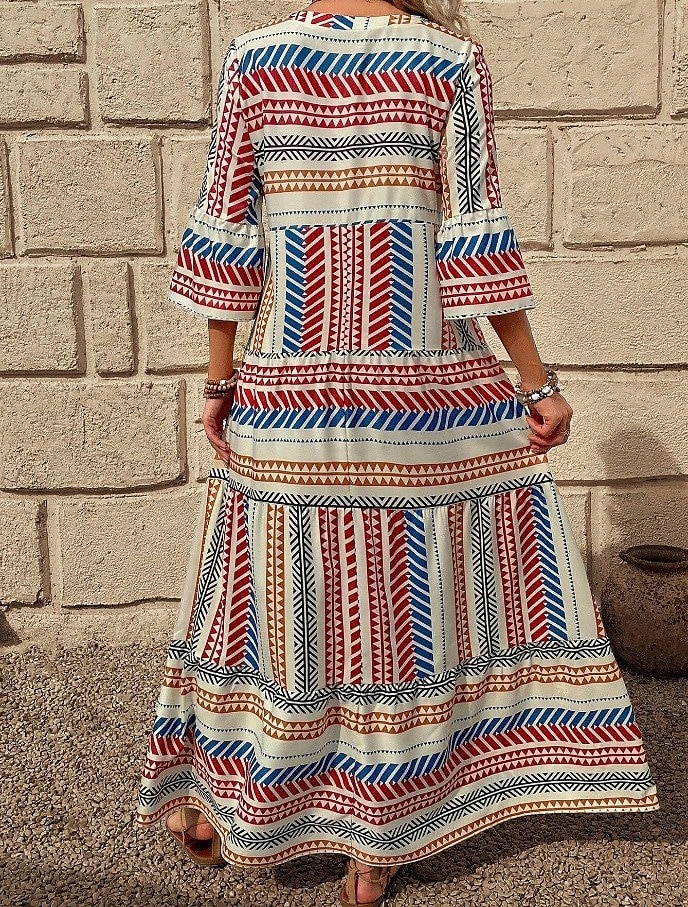 Dame Maxikjole Solkjole Kjole med A-linje Fit And Flare Dress Ferie Fritid Bohem utendørs Fest Ut på byen Normal Grafisk Geometrisk Stamme Ermeløs V-hals Rød Blå Grønn Sommer Vår 2025 - $36.99 –P2
