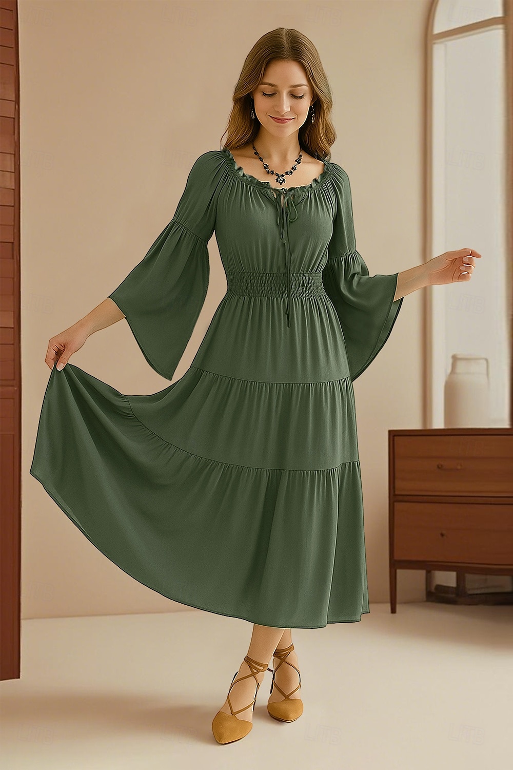 Retrò Vintage Medievale Rinascimento Midi Vestito Manica a Campana Vichingo Cavaliere Celtico Elfico Senza spalline Ispirato alla Reggenza Costume Per donna Celtico Fantasia Halloween Carnevale del 2025 a $41.99 –P3
