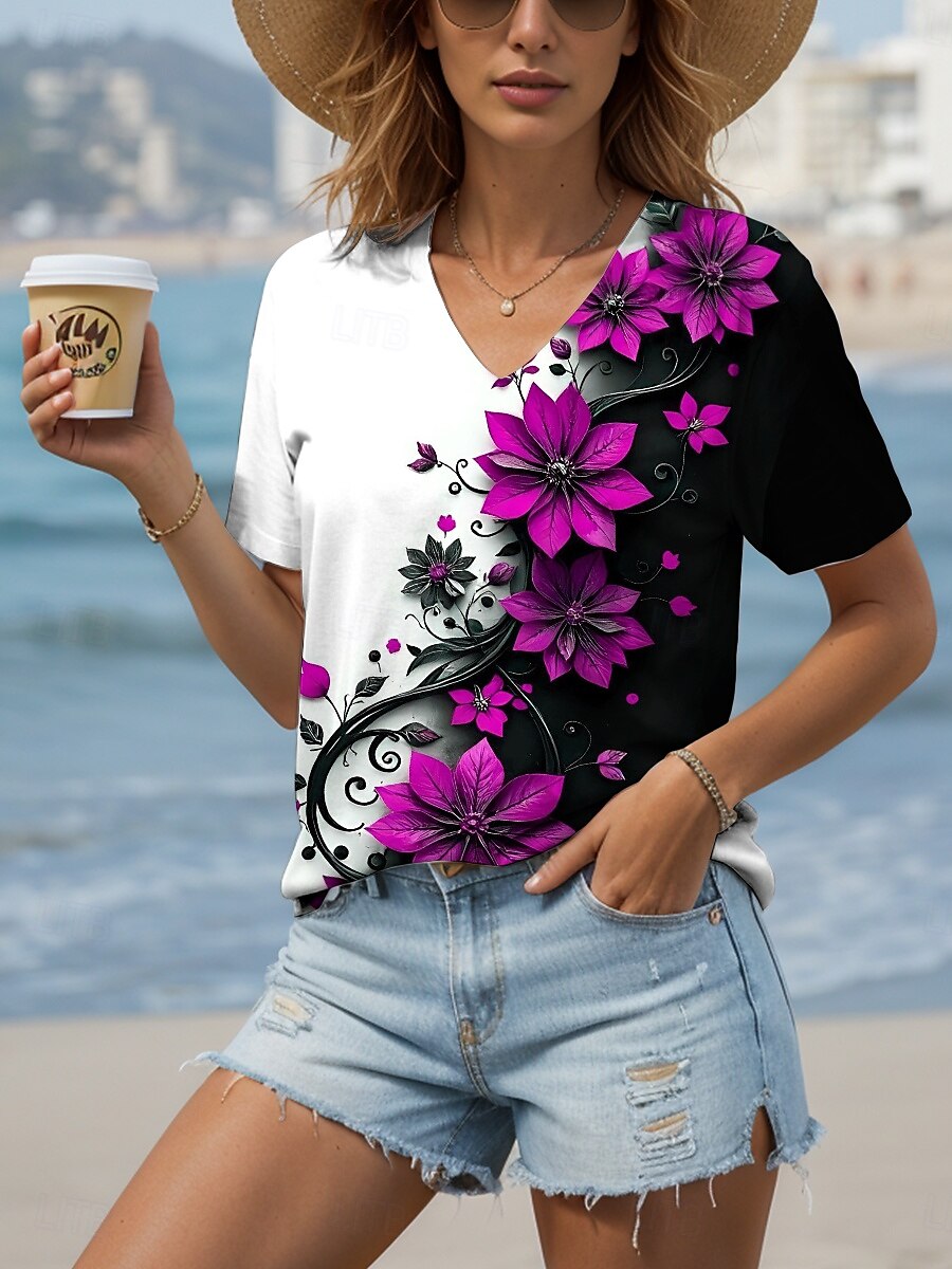 Femmes T-shirt Fleuri Graphique ancien Élégant Moderne Manche Courte Col en V Hauts Réguliers Quotidien Imprimé Jaune Rouge Bleu Violet Vert Été de 2025 ? $19.99 –P4