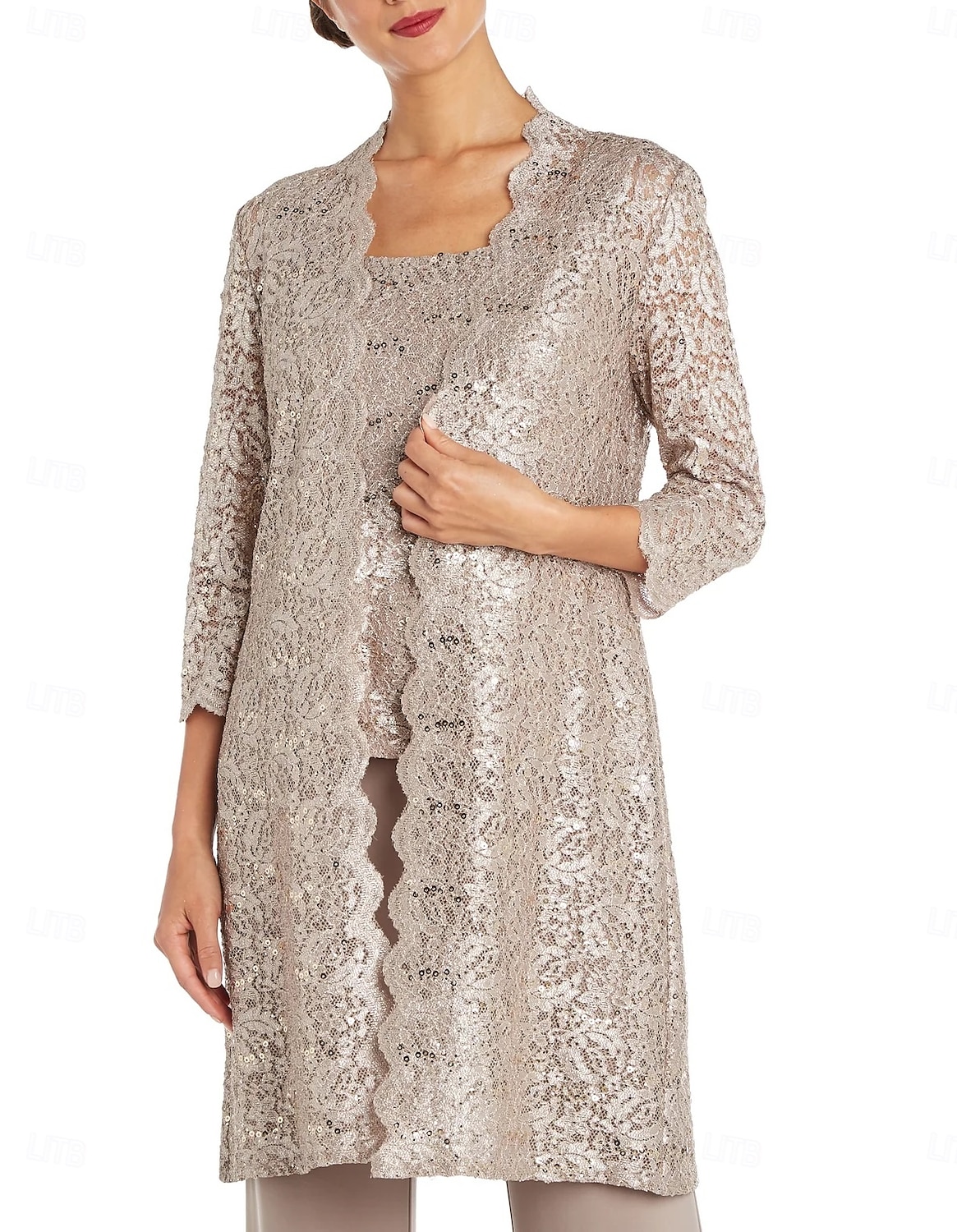 Macacão Vestido Para Mãe dos Noivos Convidado do casamento Igreja Elegante Vintage Gola Redonda Longo Chiffon Renda Manga Longa com Lantejoulas Bordado 2025 de 2025 por $158.99 –P3