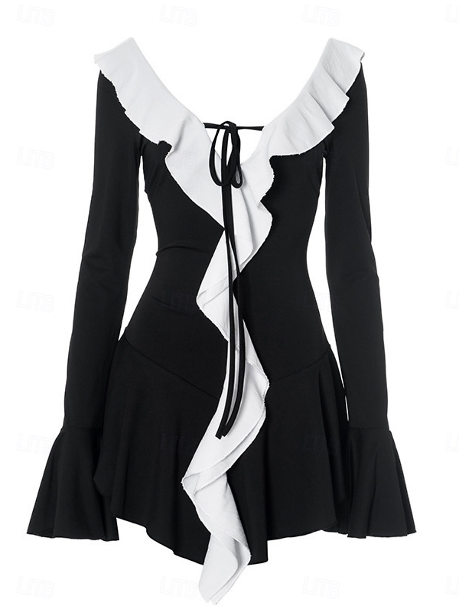Women's Boho Dress Western Dress Vintage Mini Dress A Line Dress Ruffle Dress Casual Going out Beach Regular Fit Graphic Long Sleeve V Neck Black Summer 2025 - $29.99 –P7