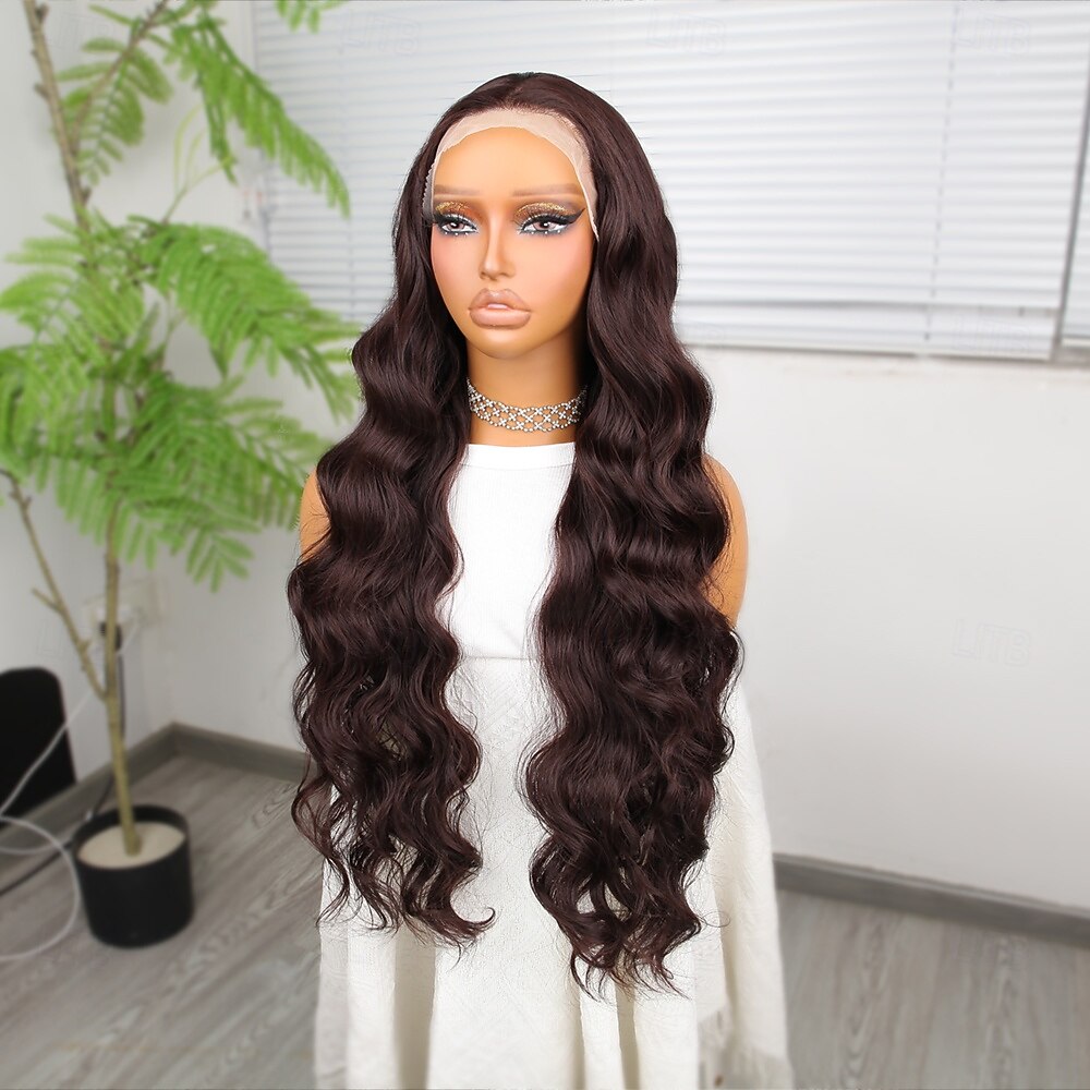 2025年 合成レースウィッグ ウェーブ スタイル 30 インチ ブラウン ミドル部 13x4レースフロント かつら 女性用 かつら ダークブラウン  コレクション – $77.99 –P4