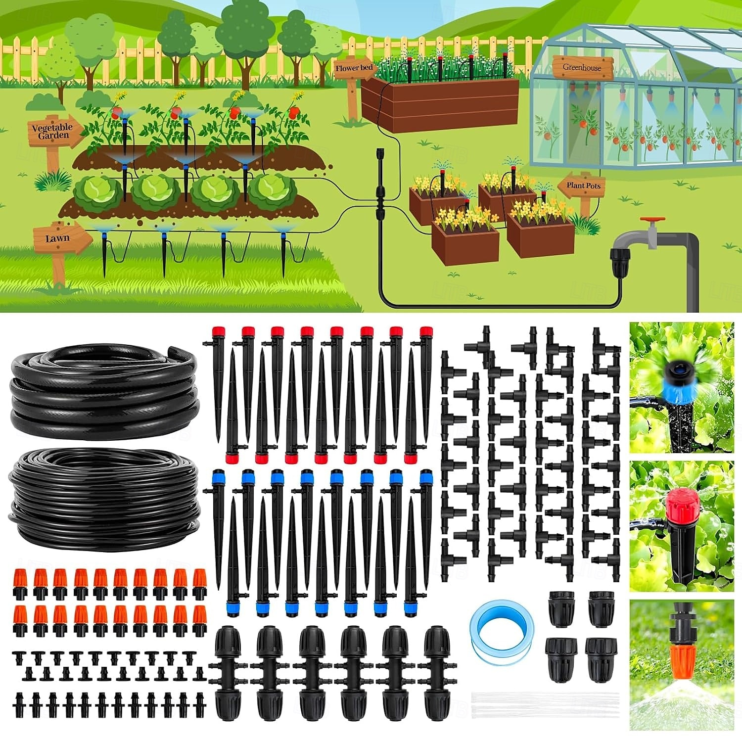 240FT Drip Irrigation System,Automatic Drip Irrigation Kit with 1/2 inch Hose 1/4 inch Distribution Tubing and Accessories,for Lawn Raised Bed Greenhouse Plant Watering System 2025 - $68.99 –P2