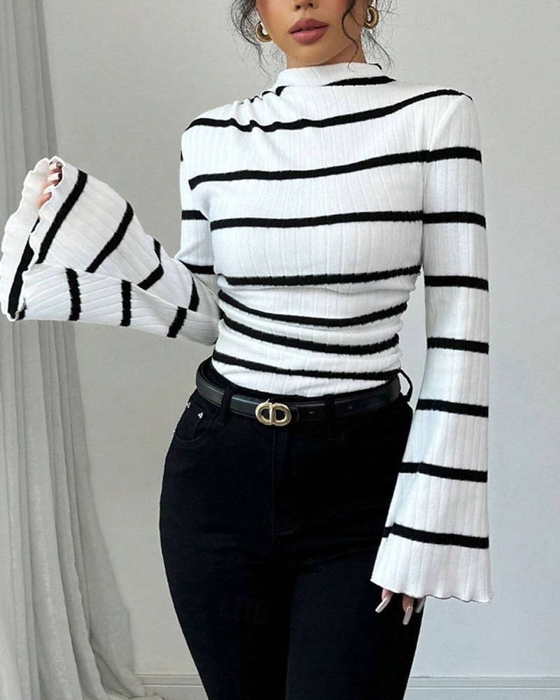 Femmes T-shirt Rayé Mode Moderne manche longue Col haut Hauts Réguliers Quotidien Sortir Noir Blanche Été Printemps de 2025 ? $19.99 –P3
