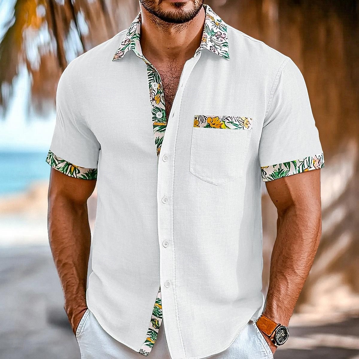 Муж. Рубашка Льняная рубашка Летняя рубашка Одежда для пляжа Кнопка рубашка Сплошной цвет Повседневные Пляж Черный Белый Розовый Зеленый С короткими рукавами Воротничок Весна лето Лето Одежда 2026 - $22.99 –P8