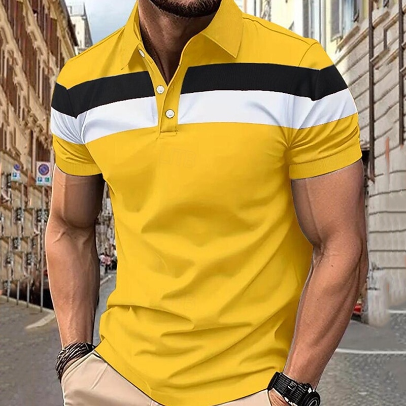 Multipack 3 par Herr Kavajslag Kort ärm Grå + röd + blå Knapp upp Polos Golftröja Golf pikétröjor Lappverk Färgblock Semester Dagliga kläder Polyester Sommar 2025 - $35.99 –P4