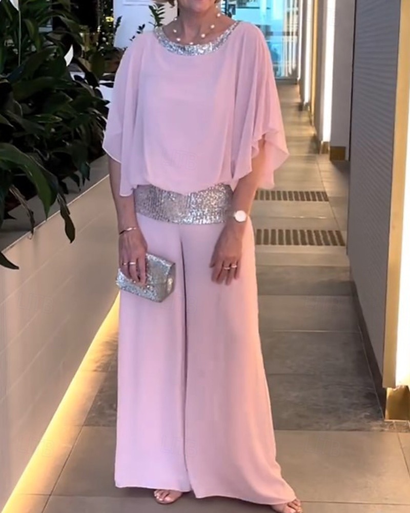 Two Piece Jumpsuit / Pantsuit Mother of the Bride Pantsuit Elegant Vintage Simple Boat Neck Floor Length Chiffon Half Sleeve with Sequin 2025 - $99.99 –P10