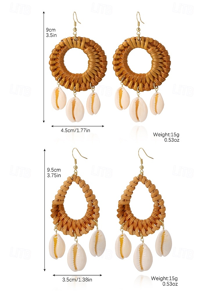 Boho schelpen oorbellen voor dames – handgemaakte cirkelvormige oorbellen van rotan met natuurlijke kauri-schelpen, lichtgewicht strandsieraden voor zomervakanties en kustoutfits 2025 - $7.99 –P9
