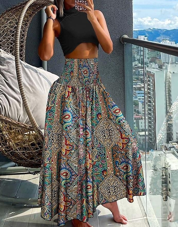 Dames Rok Maxi Rok Bohemia Mode Strandkleding Casual Midi Hoge Taille Rokken Bloemen Paisley Micro-elastisch Vakantie Straat Grijs Groen Zwart Geel Lichtgroen Zomer Polyester 2025 - $19.99 –P5