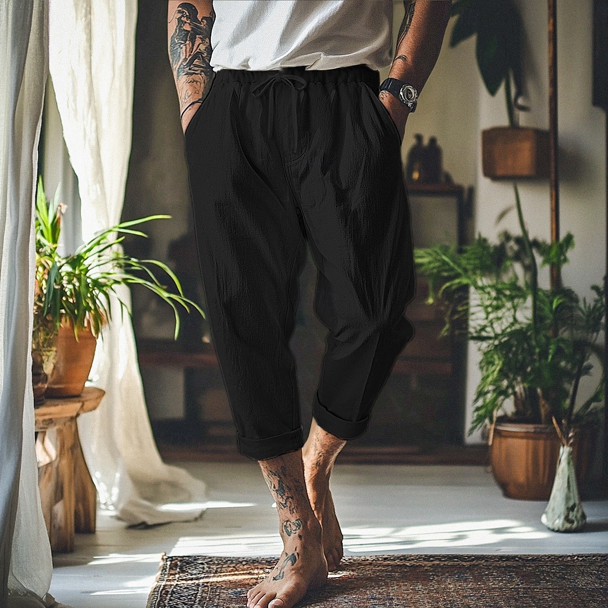 Men's Linen Pants Trousers Summer Pants Baggy Pants Beach Pants Front Pocket Pleats Straight Leg Plain Comfort Breathable Full Length Outdoor Vacation Party Vacation Fashion Loose Fit Black White 2025 - $22.99 –P4
