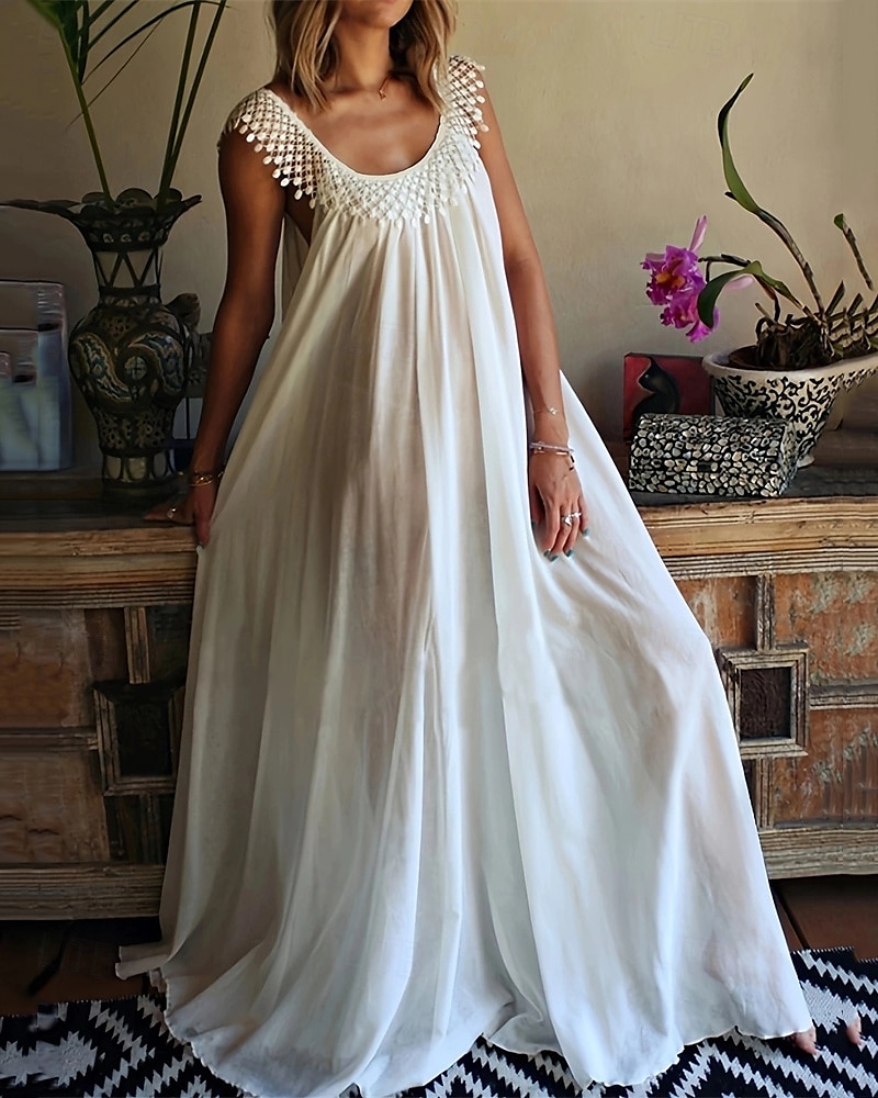 Femmes Robe Longue Maxi Robe Robe Blanche Robe de remise des diplômes Robe Décontractée Robe en coton et lin Élégant Mode Classique Extérieur Fête Date Coupe régulière Uni Sans manches Col ras du cou de 2025 ? $28.99 –P1